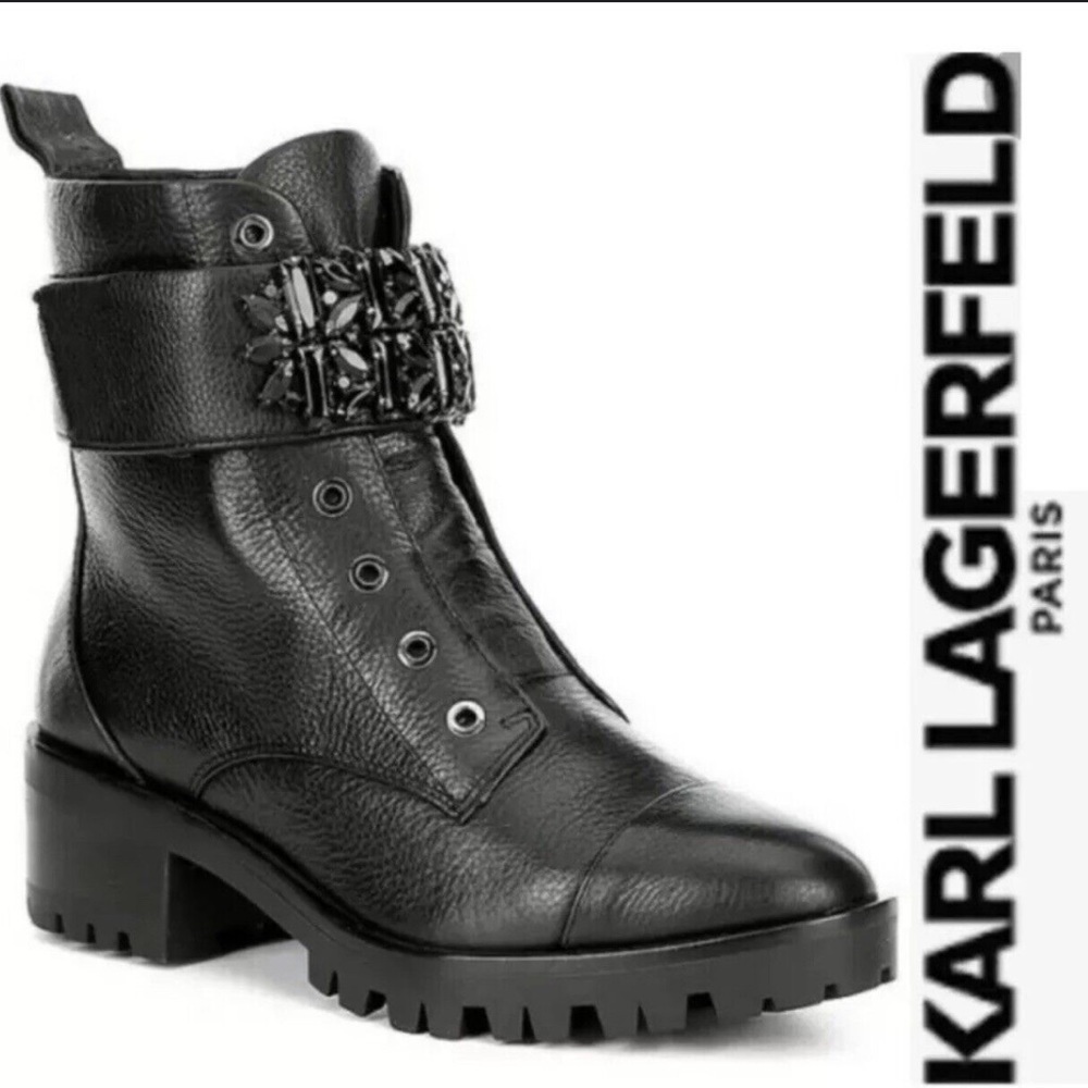 Karl Lagerfeld Paris Pippa Crystal Embellished Platform Combat Boots Women’s 8M
